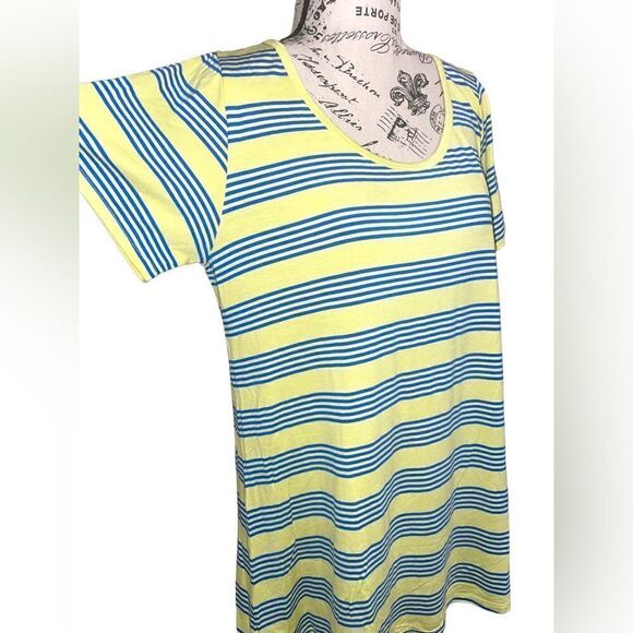 LuLaRoe Women’s Large Yellow w/Blue Stripes Classic Tee Blouse Coastal Comfy - Picture 7 of 16